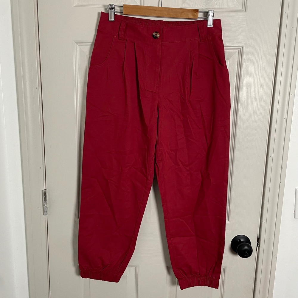 Halara Red Cotton High Rise Pleated Tapered Jogger Pants Women Medium Causal